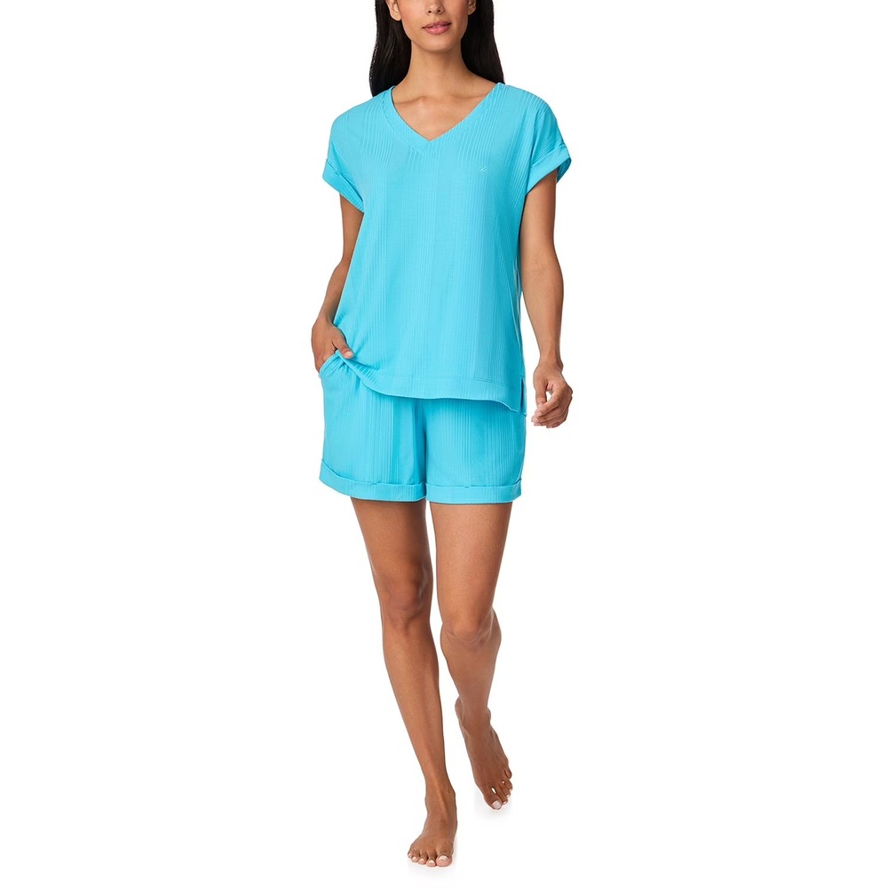 Nautica Womens 2-Piece Short Sleeve Top and Pant PJ Set Blue XXL NEW